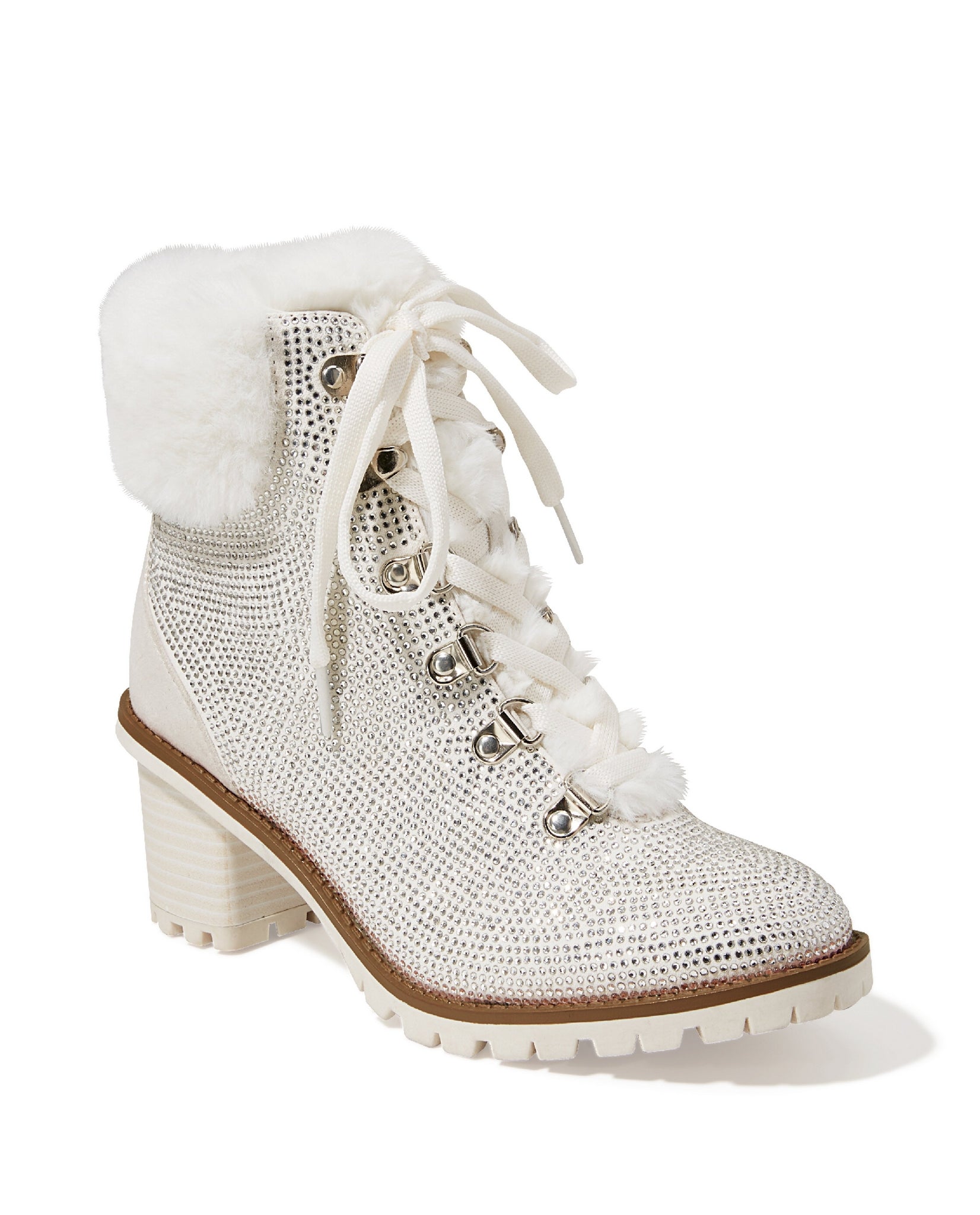 Faux-Fur Embellished Heeled Bootie White
