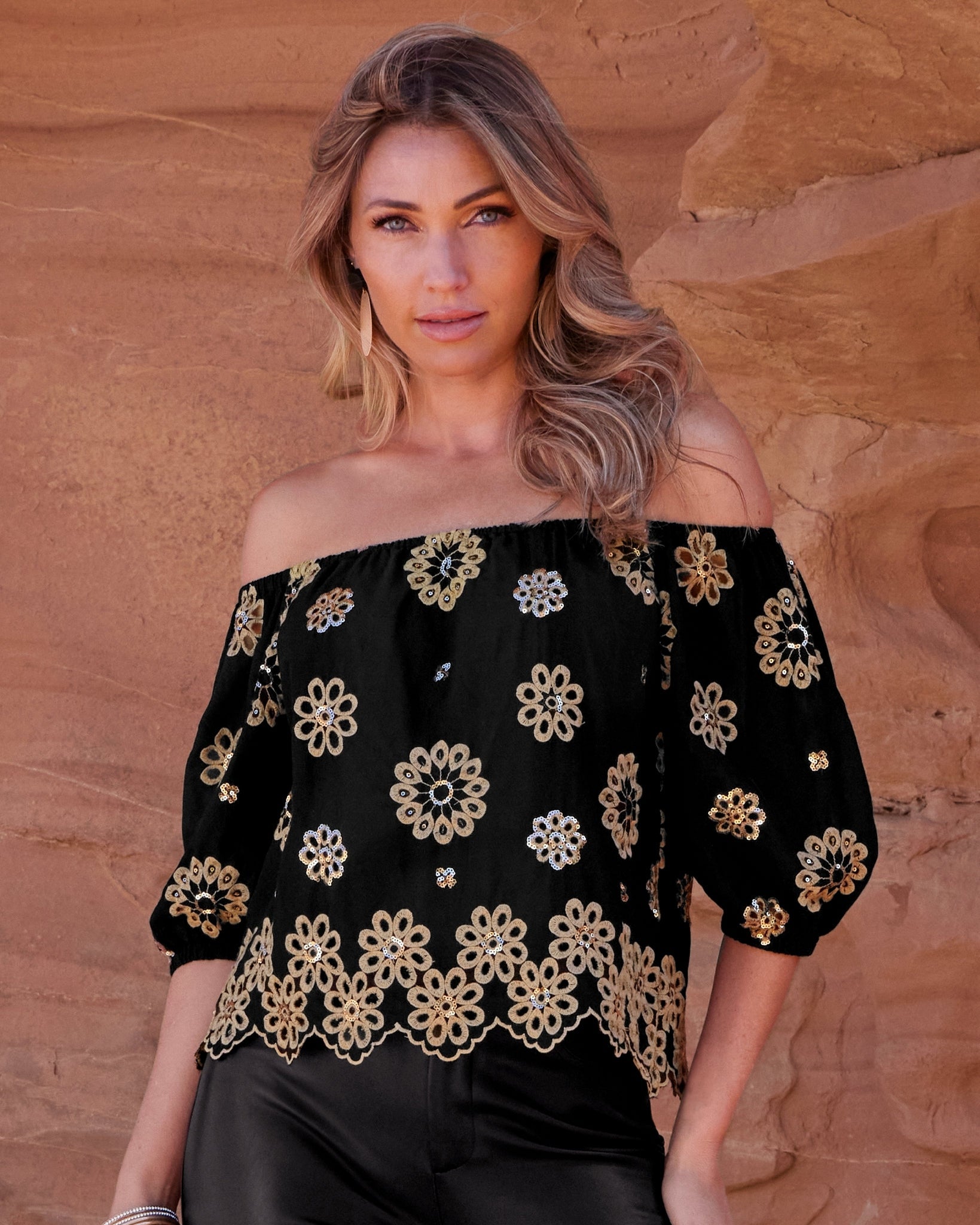 Embroidered Sequin Scallop Hem Blouse Black Multi