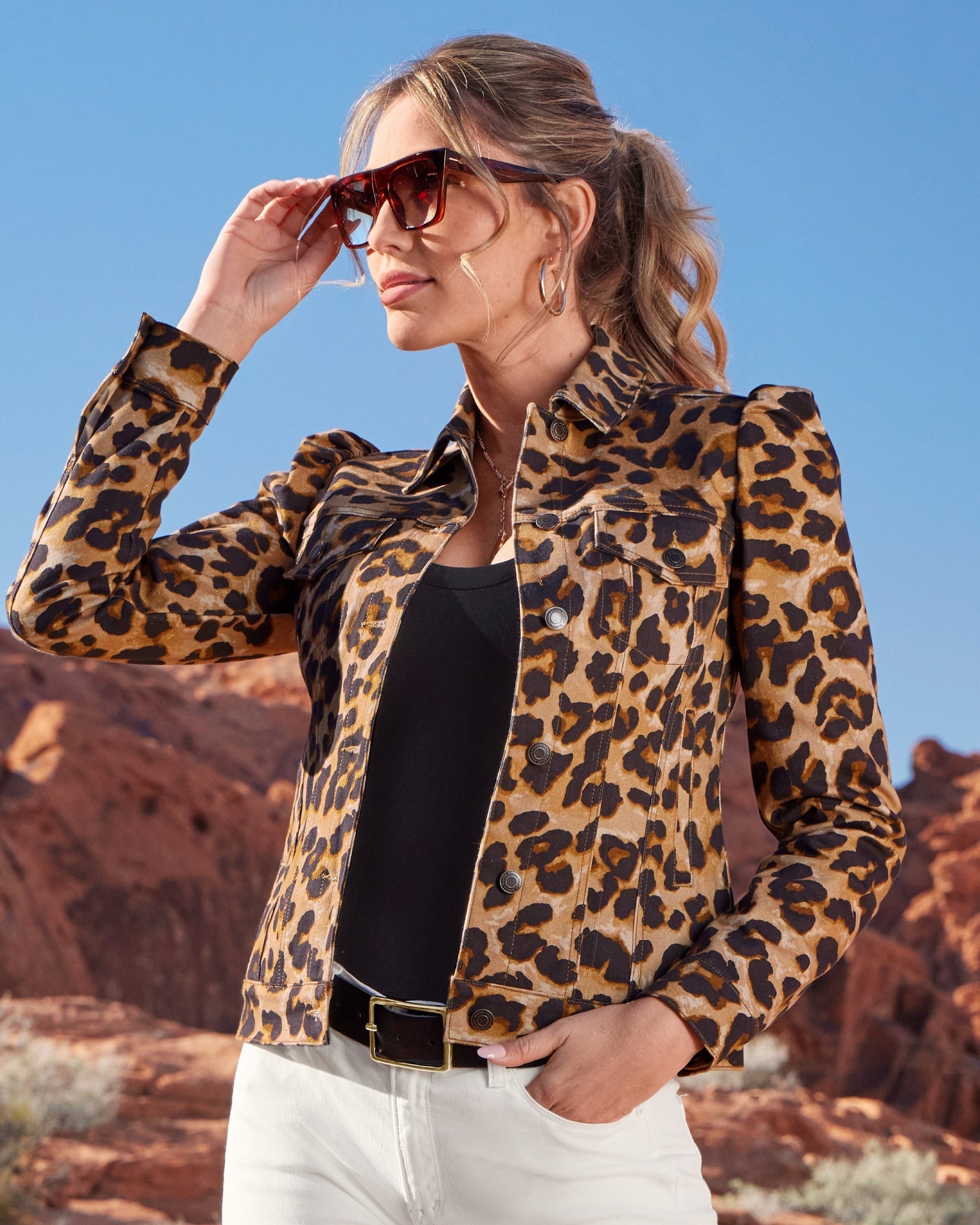Exploded Cheetah Print Denim Puff-Sleeve Jacket Neutral