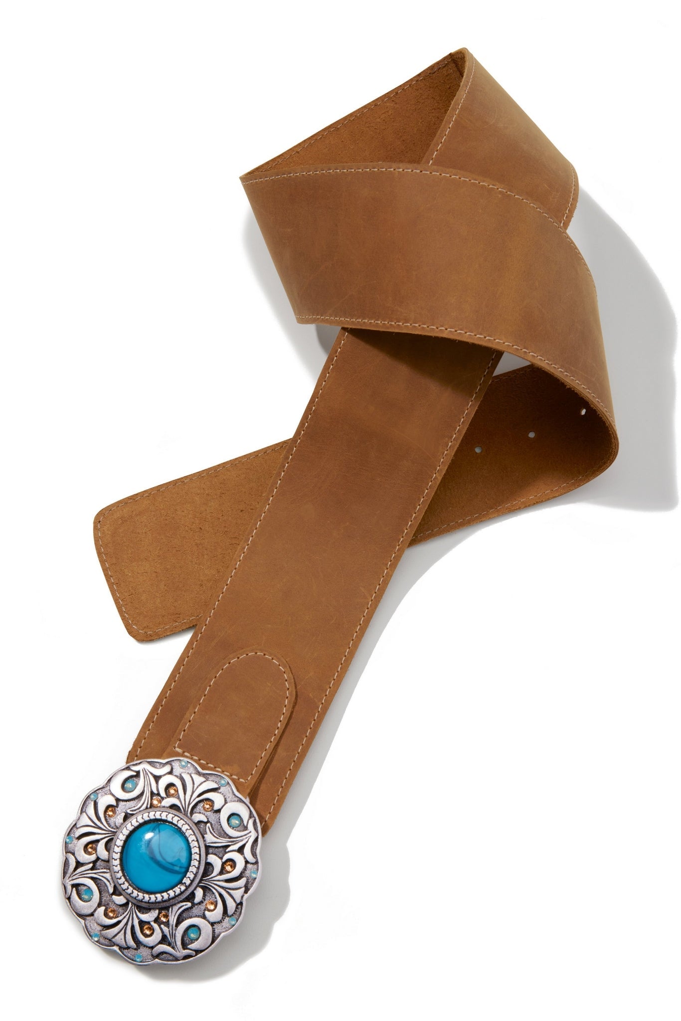 Leather Round Stone Belt Cognac Multi