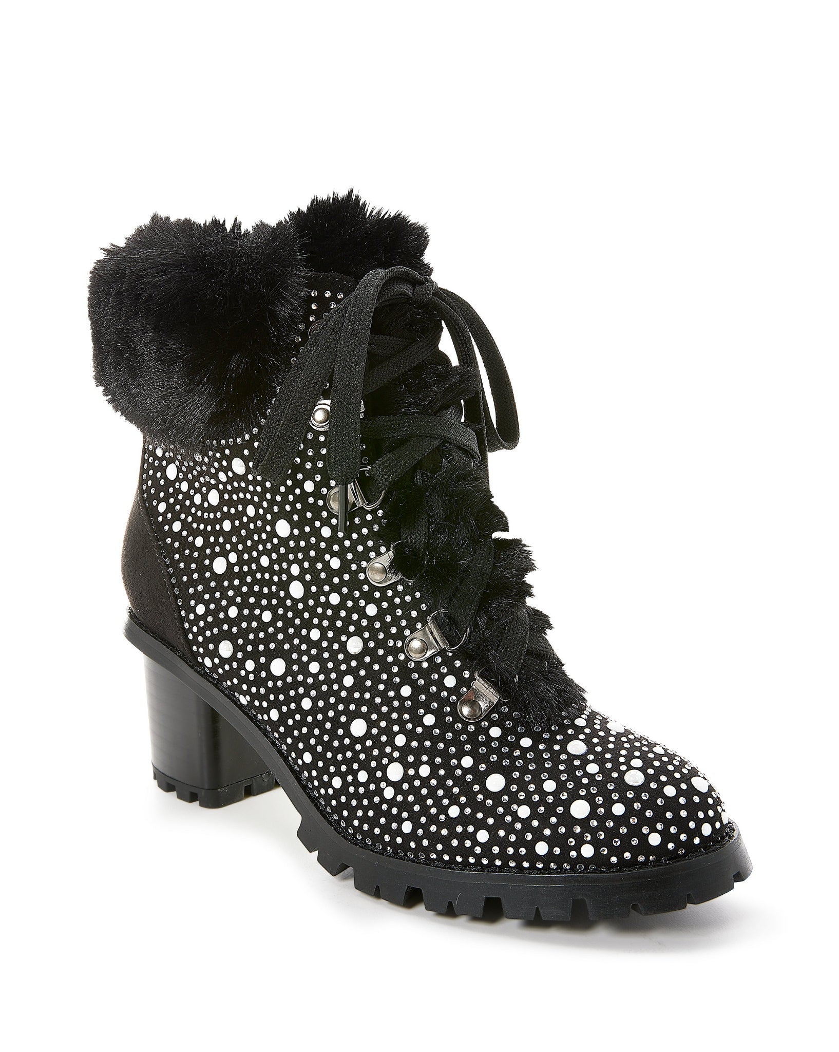 Pearl and Rhinestone Fur Heeled Bootie Black