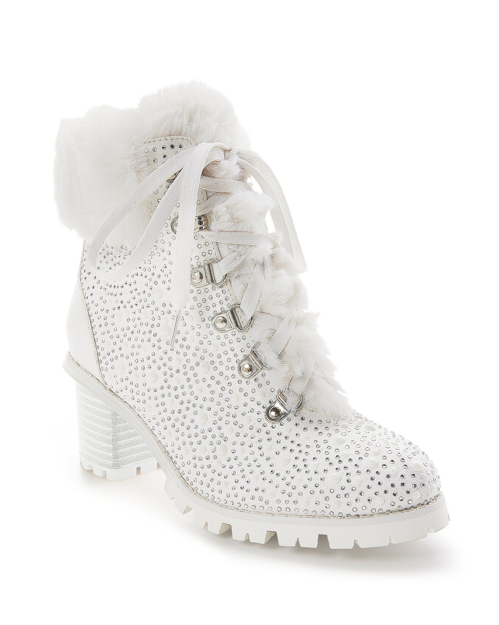 Pearl and Rhinestone Fur Heeled Bootie White