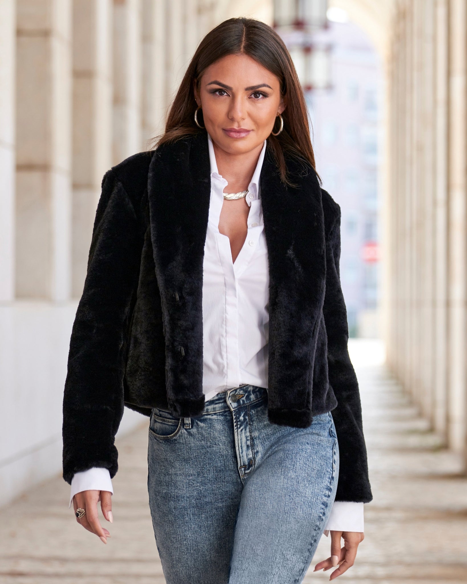 Shawl Collar Versatile Faux Fur Chubby Black