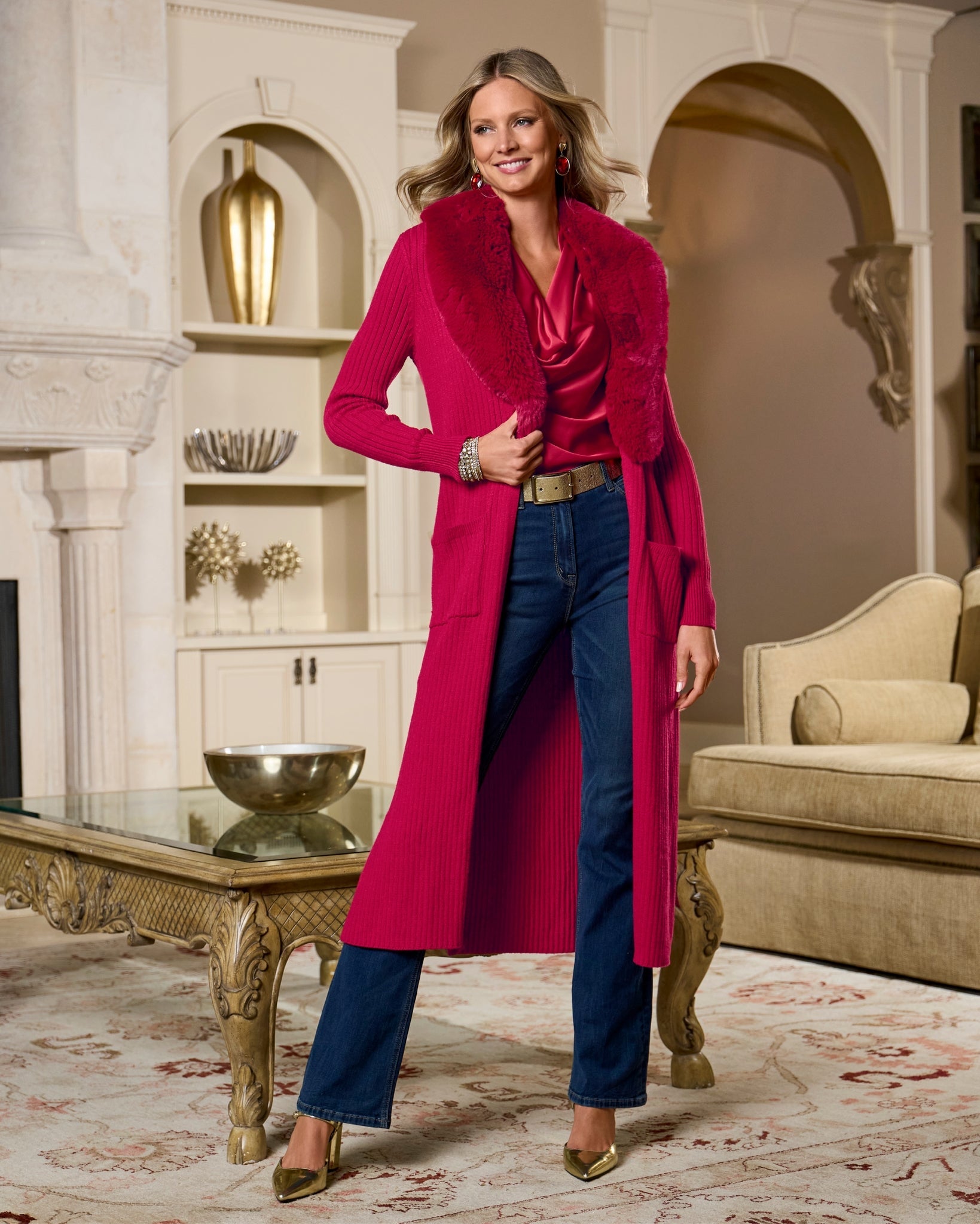 Faux Fur Collar Ribbed Long Cardigan Jester Red