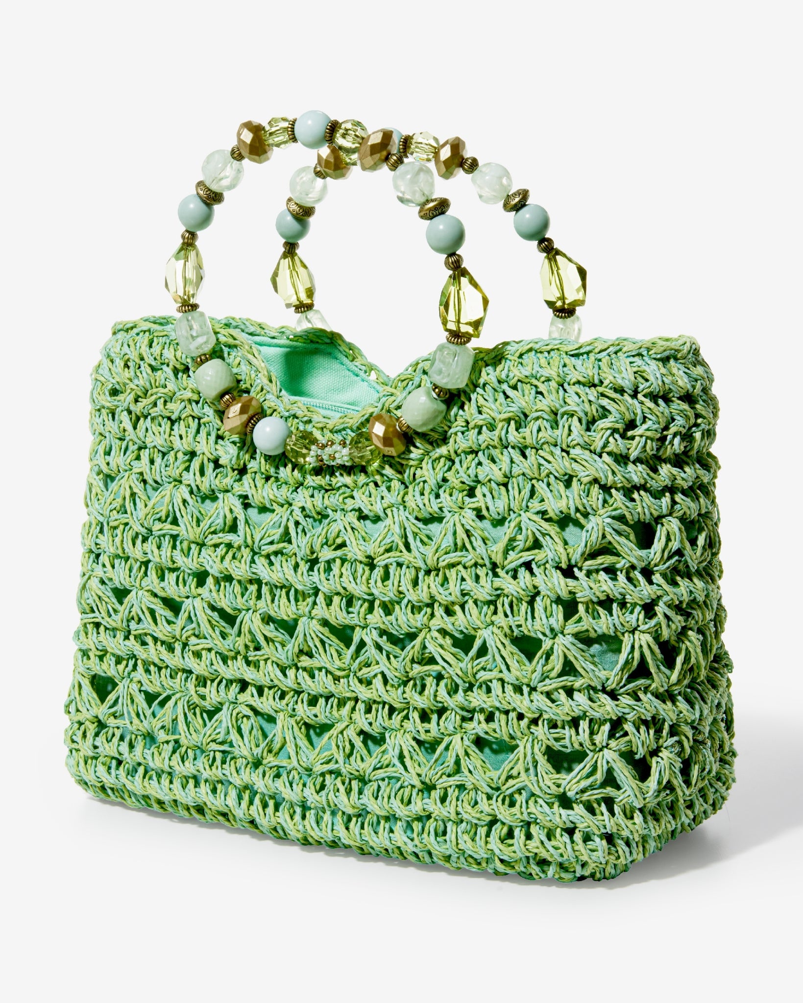 Gem Top Handle Woven Bag Green
