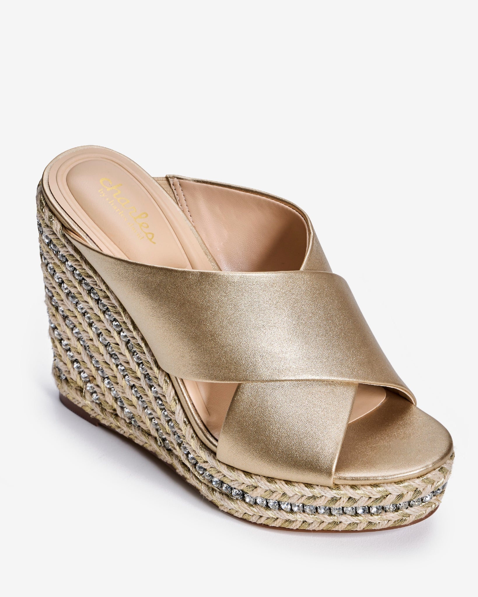 Metallic Criss Cross Rhinestone Wedge Gold