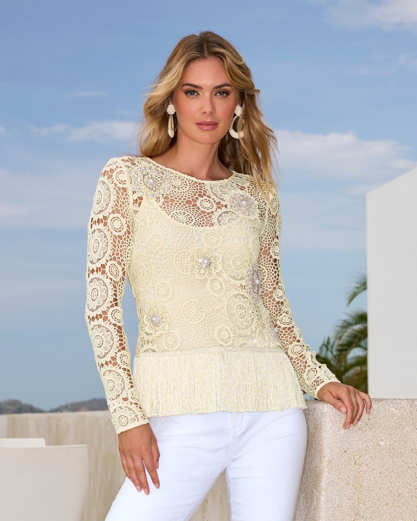 Embellished Crochet Fringe Pullover Natural