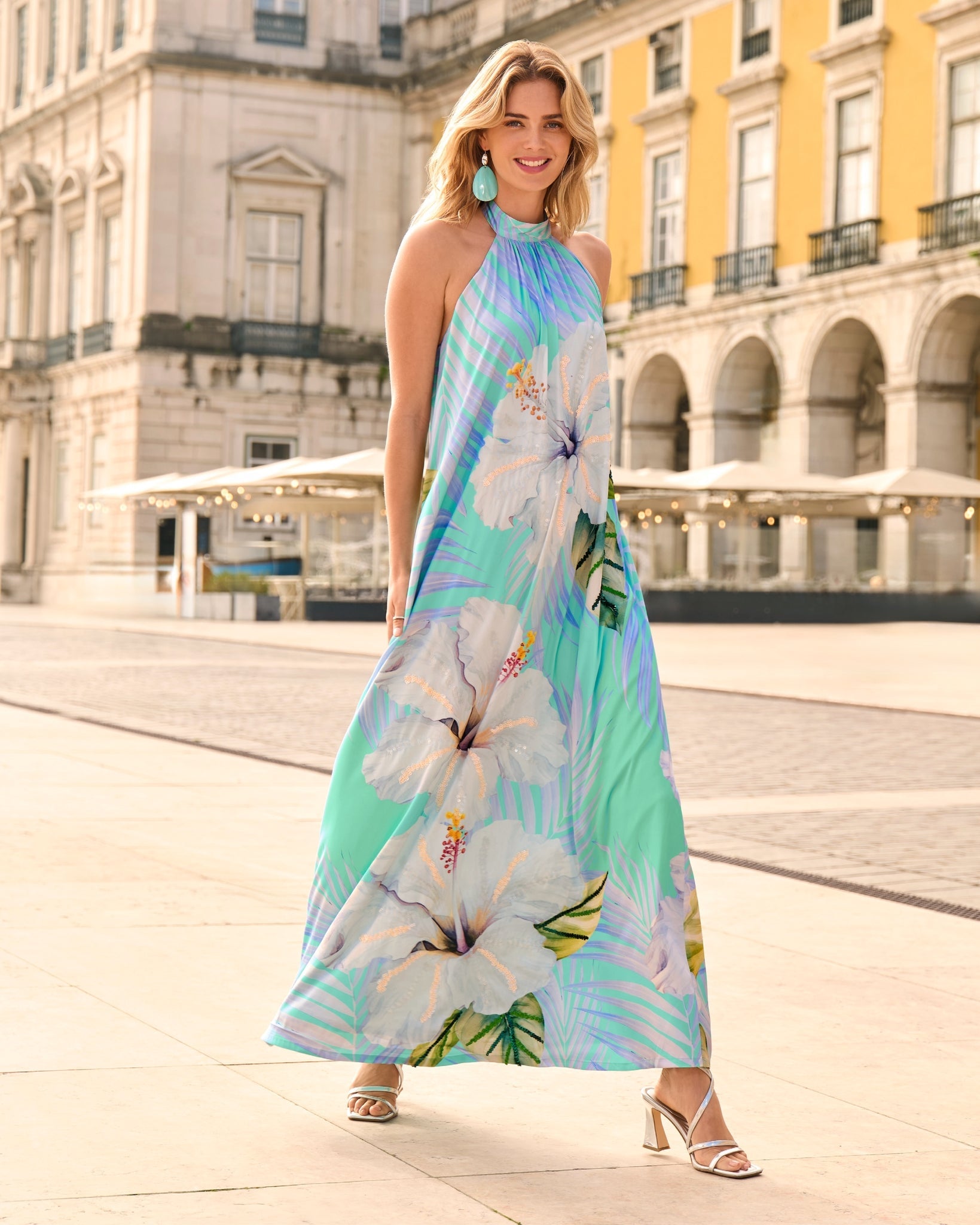 Exploded Hibiscus Sequin Embellished Halter Maxi Dress Exploded Hibiscus