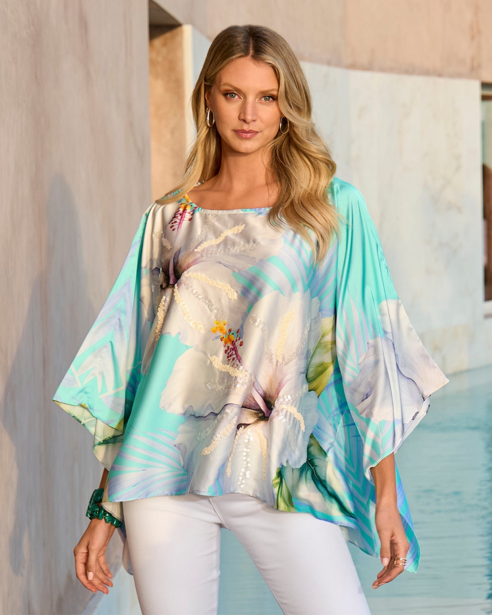 Print Charmeuse Poncho Exploded Hibiscus