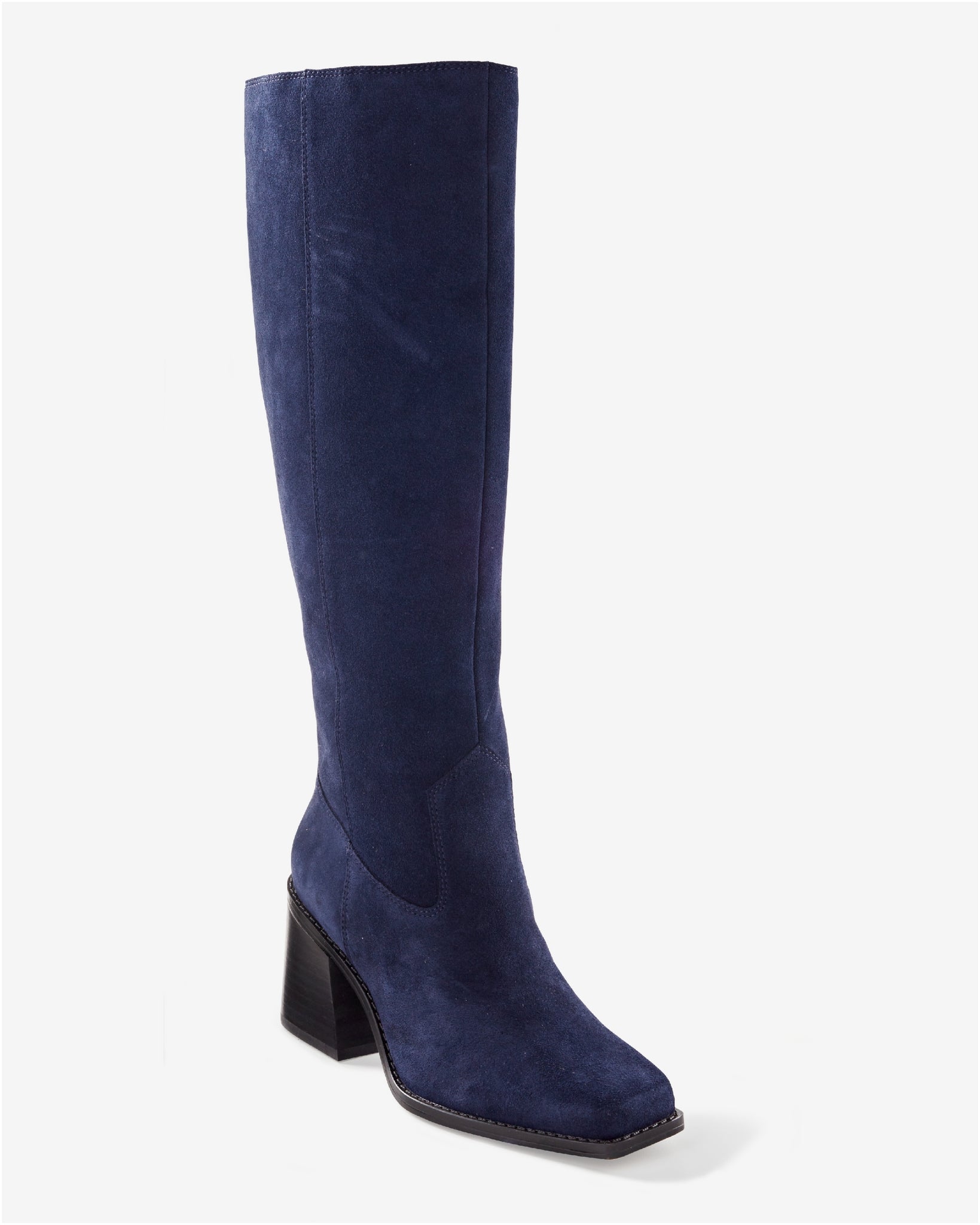 Suede Knee-High Block-Heel Boot Navy