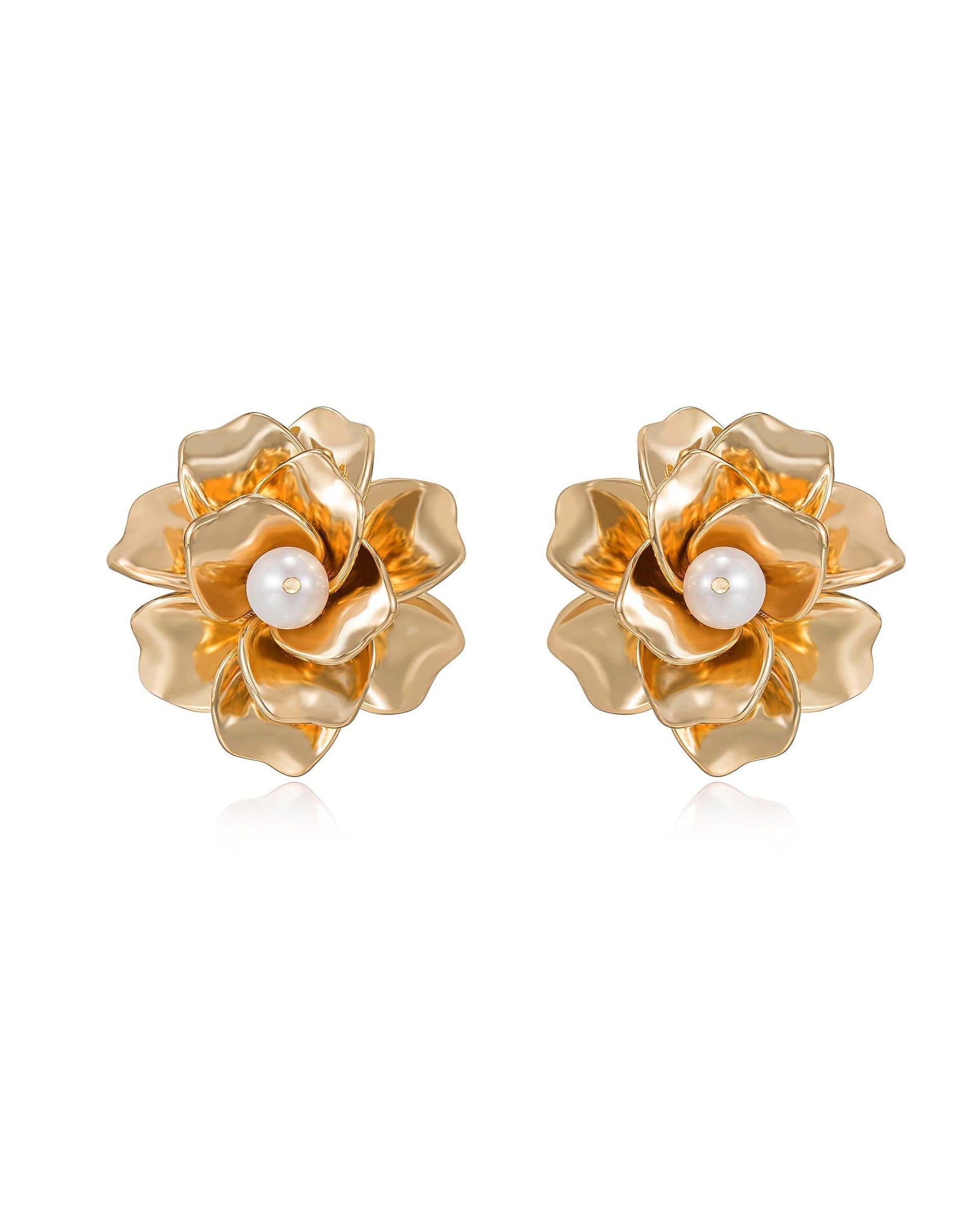 Golden Petals and Pearl Stud Earrings
