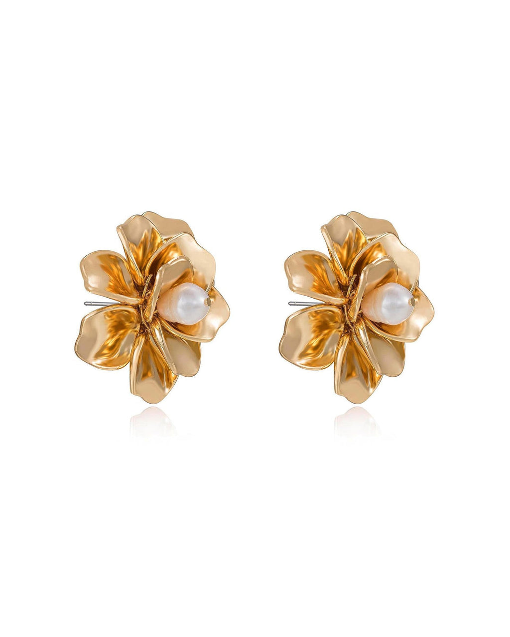 Golden Petals and Pearl Stud Earrings