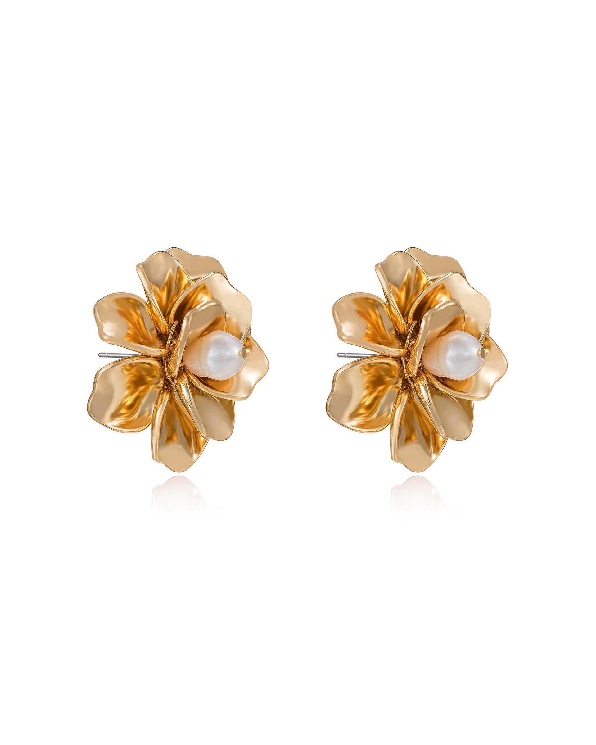 Golden Petals and Pearl Stud Earrings