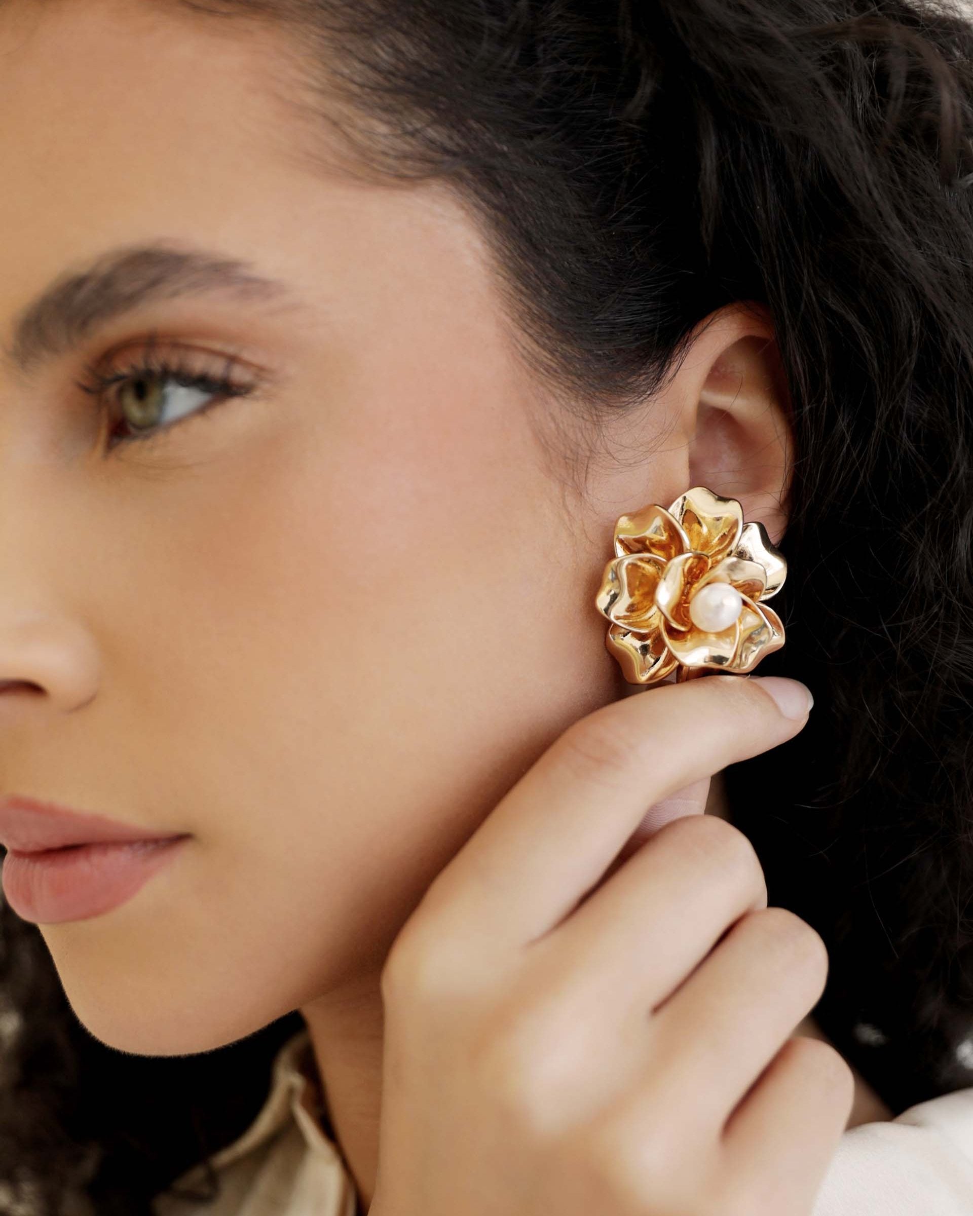 Golden Petals and Pearl Stud Earrings
