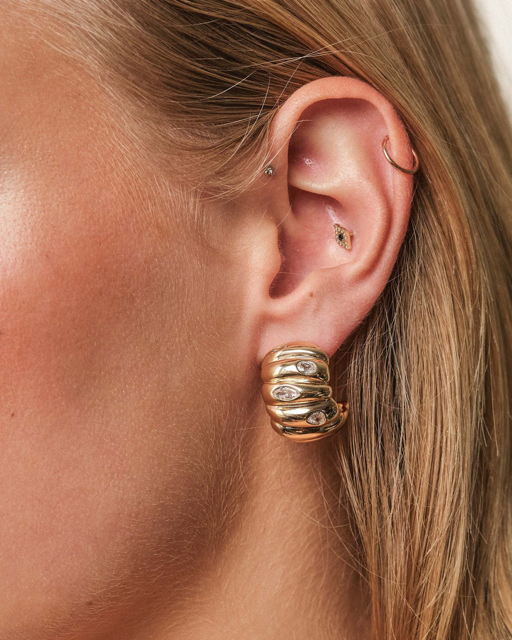 Bezel Crystal Crescent Huggie Hoops