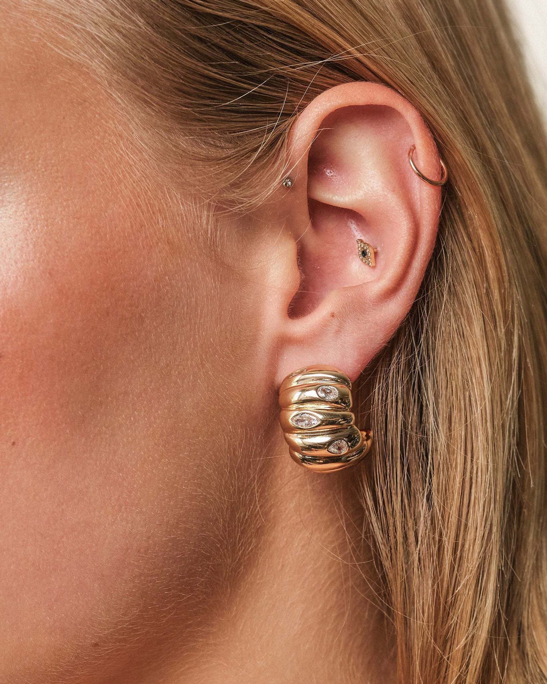 Bezel Crystal Crescent Huggie Hoops