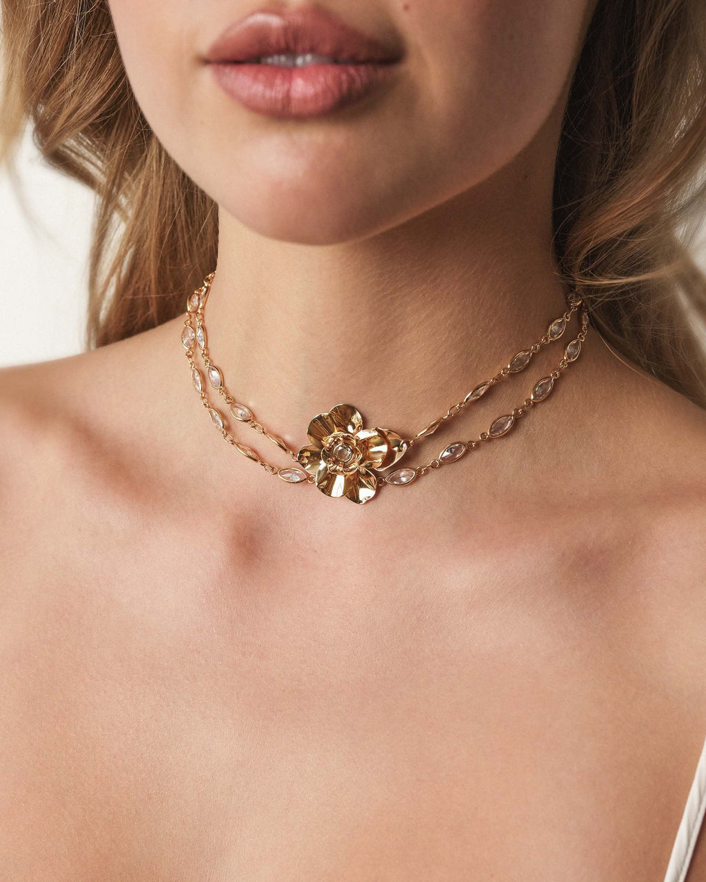 Bezel Crystal Layered Flower Necklace