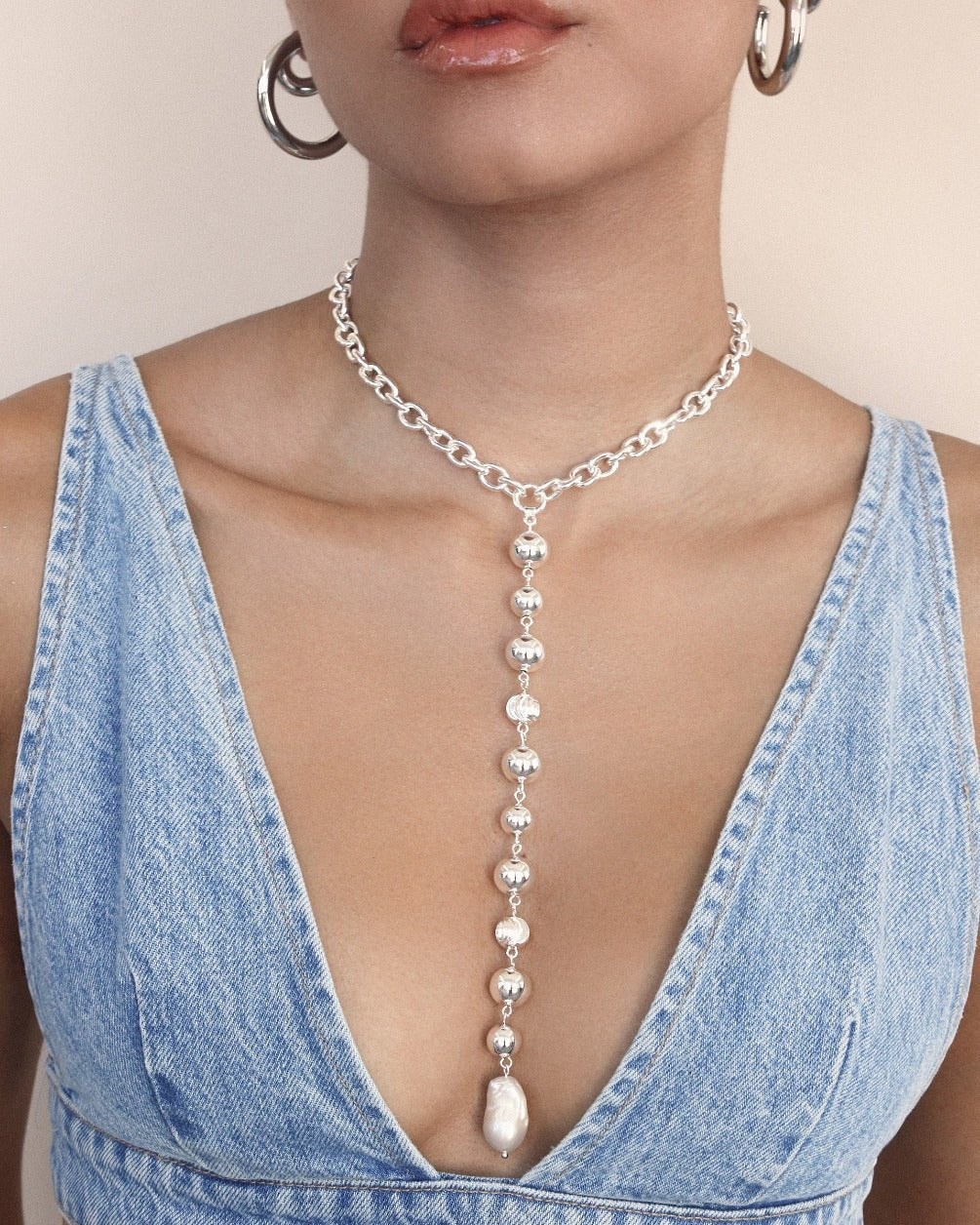 Deep Drop Pearl Lariat Necklace