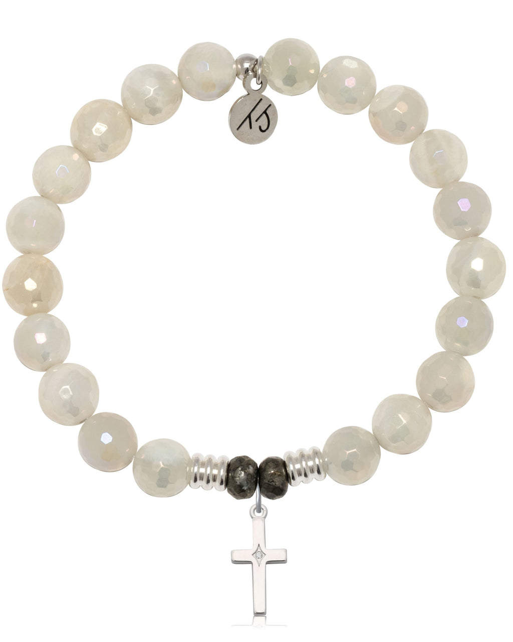 Moonstone Gemstone Bracelet with Cross CZ Sterling Silver Charm
